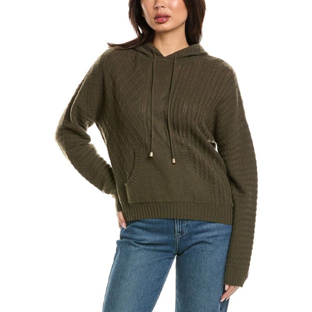 Brodie Cashmere Womens  Luxe Cable 100% Cashmere Hoodie, Green